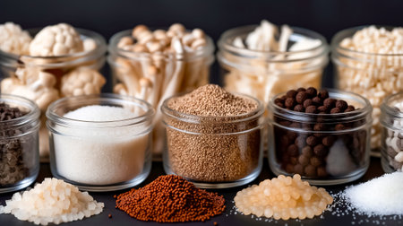 An assortment of culinary ingredients including spices, grains, and sugars is neatly organized in glass jars, showing their textures and colors on a dark surface.の素材