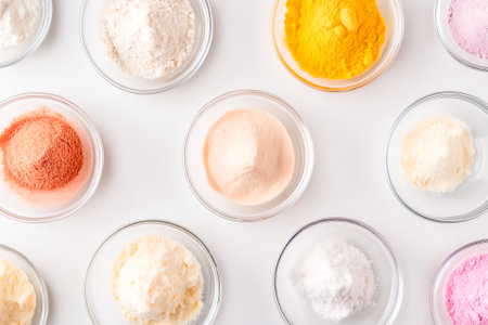 A variety of natural powders is arranged in small glass bowls, showing vibrant colors and diverse textures suitable for cooking, baking, and wellness applications.の素材
