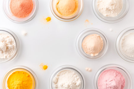 Bright and colorful powders are neatly arranged in glass jars on a clean white surface, ideal for culinary projects or baking. Each jar holds a different vibrant hue.の素材
