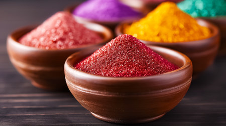 Bright and colorful spices sit in wooden bowls, showcasing a variety of hues. Each bowl is filled with different spices, emphasizing their rich textures and vibrance.の素材