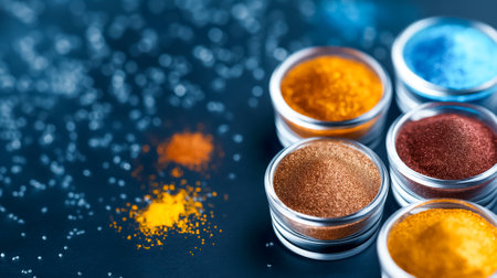 Colorful pigments are neatly placed in metal containers on a dark surface, with vibrant hues creating an artistic display enhanced by a dusting of similar shades.の素材