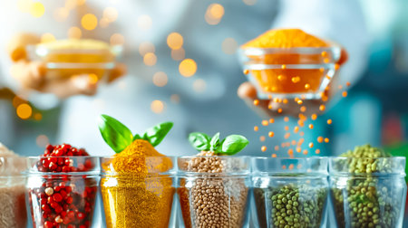 A chef carefully measures out colorful spices from glass containers, highlighting the rich textures and vibrant hues in a bright, modern kitchen atmosphere.の素材