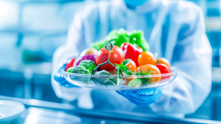 A chef in a clean kitchen, wearing gloves and a white coat, presents a plate filled with a variety of colorful vegetables, emphasizing freshness and quality.の素材