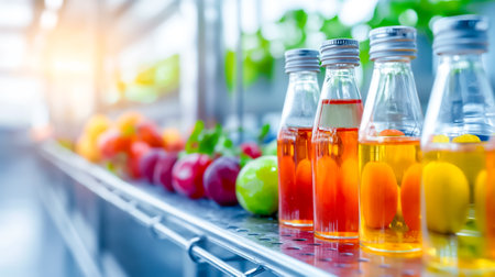 Various fruit juices are neatly arranged in bottles on a shelf, with vibrant fruits like apples and tomatoes nearby, all illuminated by bright sunlight in a greenhouse.の素材