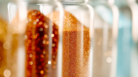 A variety of jars contain vibrant glitter in shades of gold, bronze, and blue, highlighting the artistic atmosphere of a sunny studio, filled with creative energy.の素材