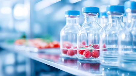 Clear glass bottles filled with water and raspberries are neatly arranged on a sleek surface in a contemporary laboratory, showing a vibrant display of freshness.の素材
