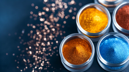 Various jars filled with bright pigments and glitter sit on a dark surface, creating an inviting space for artistic creativity and craft applications.の素材