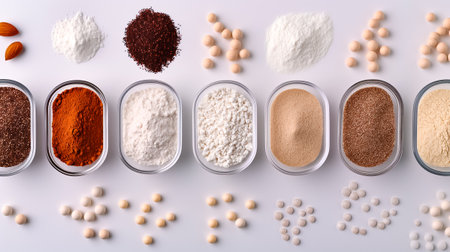 A vibrant collection of various spices, flours, sugars, and nuts displayed in small glass containers on a clean white surface, showcasing an organized cooking setup.の素材