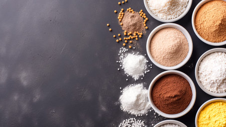 A variety of spices and flours are organized in small bowls against a dark background, showing different textures and colors ideal for cooking and baking.の素材