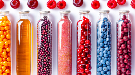 A display features multiple jars containing vibrant fruits and decorative beads, showcasing a striking variety of colors that attract the eye.の素材
