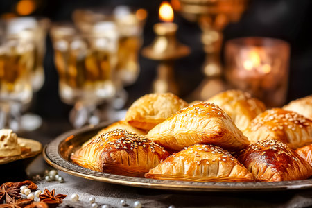 Delicious golden pastries filled with sweet or savory fillings rest on a beautiful platter, surrounded by flickering candlelight at a festive gathering.の素材