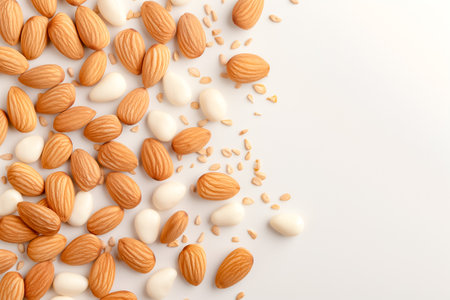 A variety of almonds, both natural and coated, are elegantly scattered across a smooth, light surface, creating a visually appealing pattern rich in textures.の素材