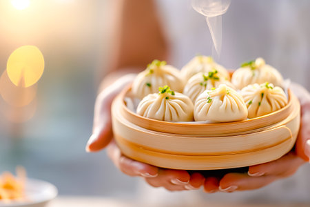 A person elegantly presents a bamboo steamer filled with freshly made dumplings, garnished with green herbs, as the warm glow of sunset fills the background, creating a cozy atmosphere.の素材