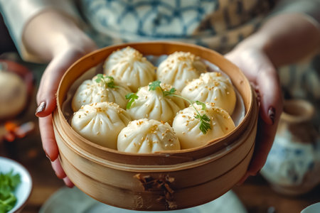A beautifully arranged bamboo steamer filled with soft, warm dumplings garnished with sesame and fresh herbs captures the essence of gourmet dining.の素材