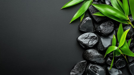 Basalt stones arranged with bamboo leaves enhance a calming, serene setting ideal for mindfulness and reflection.の素材