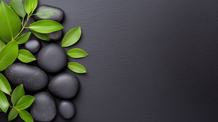 An arrangement of smooth basalt stones and vibrant bamboo leaves creates a peaceful and calming atmosphere.の素材