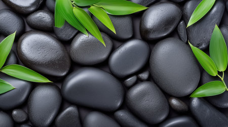 A collection of smooth basalt stones and bamboo leaves creates a peaceful atmosphere for meditation and relaxation.の素材