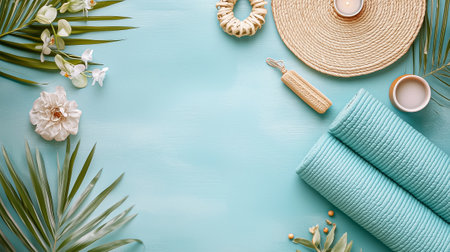 Yoga mat and calming accessories are arranged to create a peaceful space for meditation and relaxation.の素材