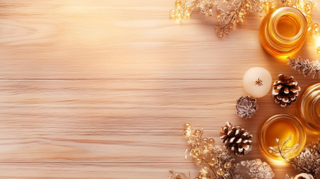 Essential oils placed on a wooden surface alongside candles and natural decorations for a calming ambiance.の素材