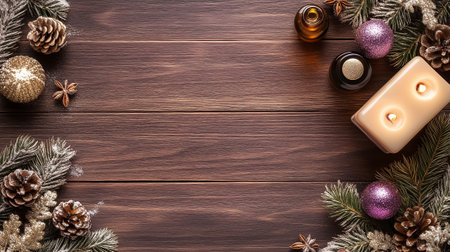Essential oils, candles, and festive ornaments displayed on a rustic wooden table in a cozy winter setting.の素材
