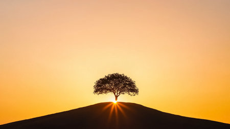 A lone tree rests atop a hill, casting a striking silhouette at sunset with warm orange hues in the background.の素材