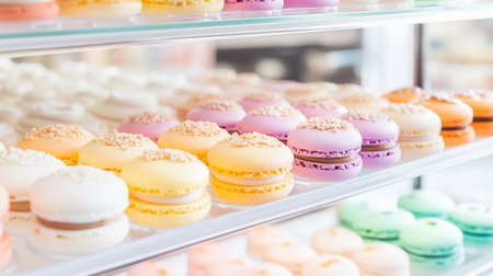 A vibrant selection of macarons in various colors is beautifully arranged on display, enticing customers.の素材