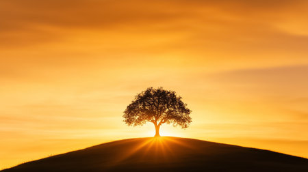 A single tree is silhouetted on a hill as the sun sets, casting warm golden light in the background.の素材