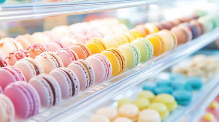 Delicious macarons in a variety of colors are beautifully lined up in rows, enticing customers at a pastry shop.の素材