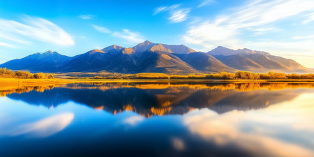 Beautiful mountains reflect perfectly on a still lake as the sun rises, enveloping the landscape in soft light.の素材