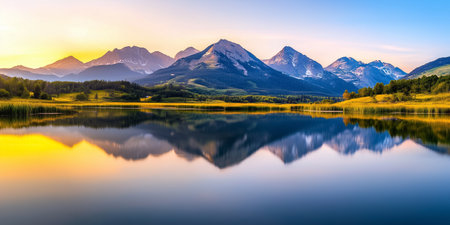 The sky glows as mountain peaks are mirrored in a calm lake, creating a peaceful natural vista during sunset.の素材