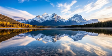 Mountains are mirrored perfectly in a still lake, capturing the peacefulness of dawn in nature's embrace.の素材