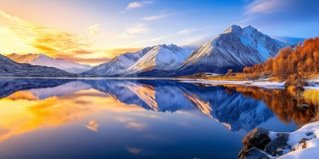 A stunning sunset lights up the mountains, reflecting in a tranquil lake surrounded by colorful autumn trees.の素材