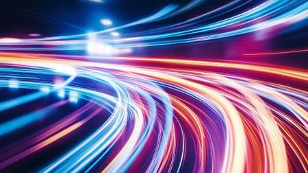 Light trails illustrate rapid data transfer movements along city roads during nighttime.の素材