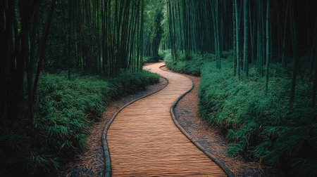 A wooden path winds gracefully through a lush, tranquil bamboo forest, inviting exploration and calm.の素材