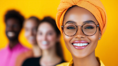 A woman with glasses smiles brightly while standing with diverse friends against a lively yellow backdrop.の素材