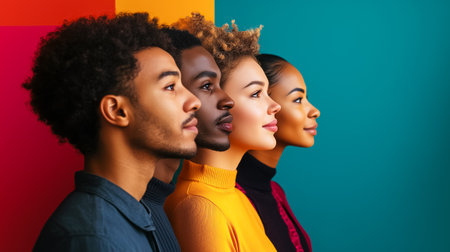 Four diverse individuals pose together against a colorful backdrop that celebrates inclusivity.の素材
