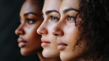 Three women displaying diverse features highlight unity and strength through their expressive profile perspectives.の素材