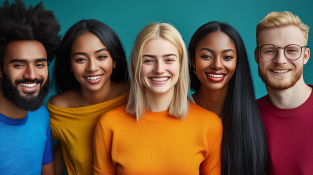 Five happy people from diverse backgrounds stand close, sharing joy and camaraderie.の素材