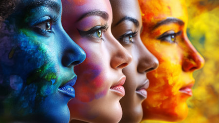 Four women stand side by side, each adorned with unique and striking face paint representing cultural diversity.の素材