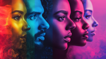 A striking representation of individuals from various backgrounds displaying harmony and diversity in their expressions.の素材