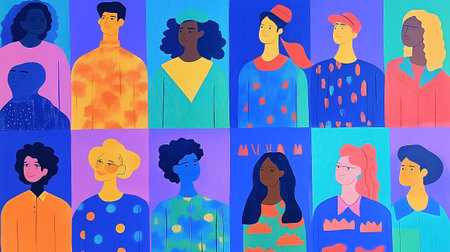 A diverse group in bold colors symbolizes unity and inclusivity through art.の素材