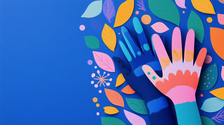 Colorful hands appear against a blue background, representing community and inclusivity creatively.の素材