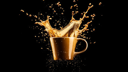 Coffee is dramatically splashed into a cup, showcasing fluid motion and rich color against a dark background.の素材