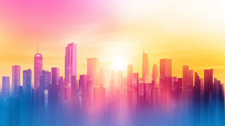 Silhouettes of skyscrapers glow as the sun sets, creating a vivid display of colors in the sky.の素材