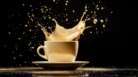 Coffee cascades into a white cup, creating an energetic splash and showcasing vibrant motion against a dark backdrop.の素材