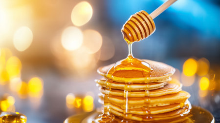 Golden honey gracefully drips over warm pancakes stacked high, creating a delicious and inviting breakfast treat.の素材