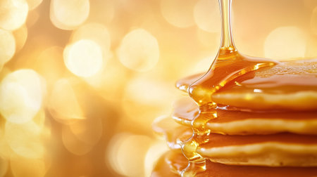 Golden honey cascades over a stack of fluffy pancakes, offering a mouthwatering breakfast experience full of sweetness.の素材