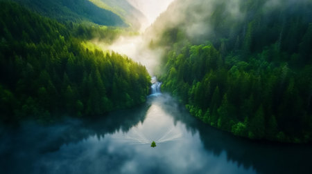 Water tumbles gracefully into a tranquil pool, embraced by vibrant trees under a soft layer of mist.の素材