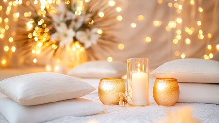 Relaxation and mindfulness are enhanced in this tranquil meditation space filled with cushions and glowing candles.の素材
