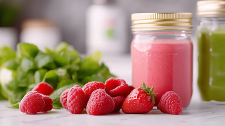 Various fresh ingredients for making smoothies are organized on a kitchen counter for a nutritious start to the day.の素材